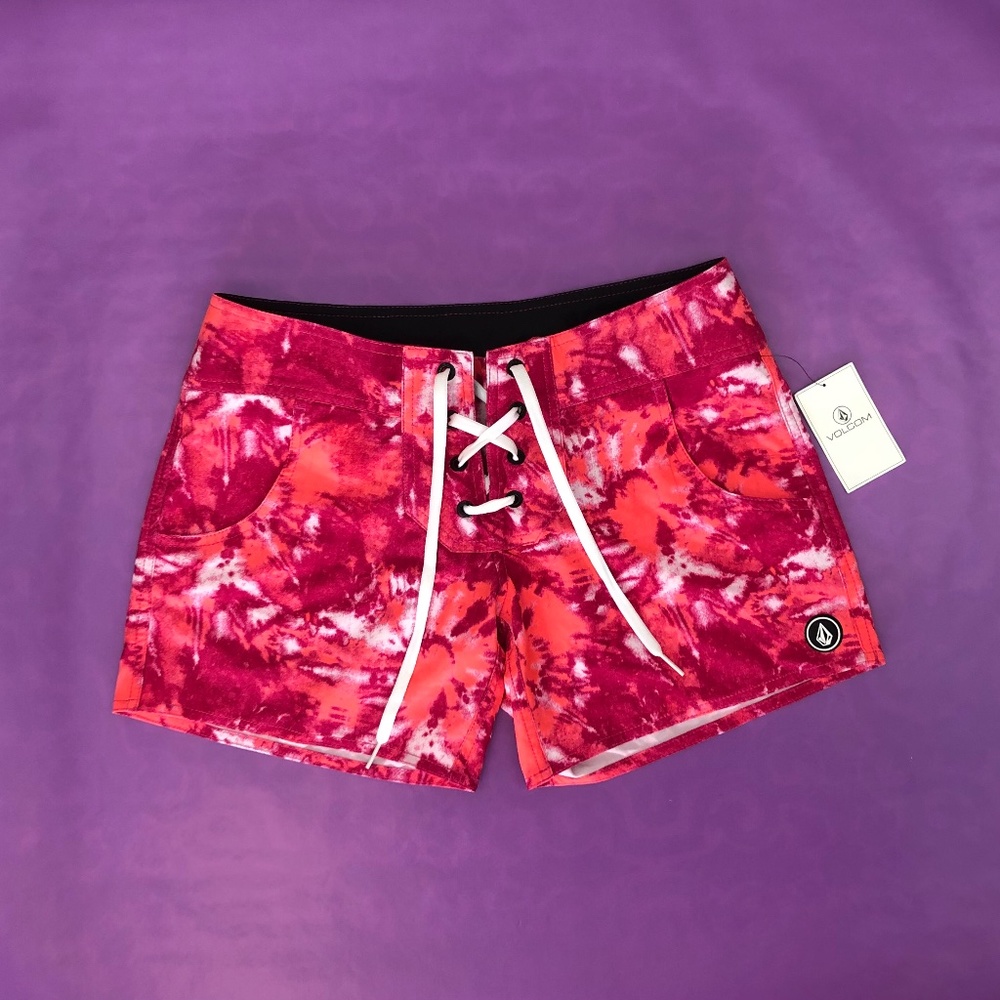 Neon coral and magenta tie dye board shorts